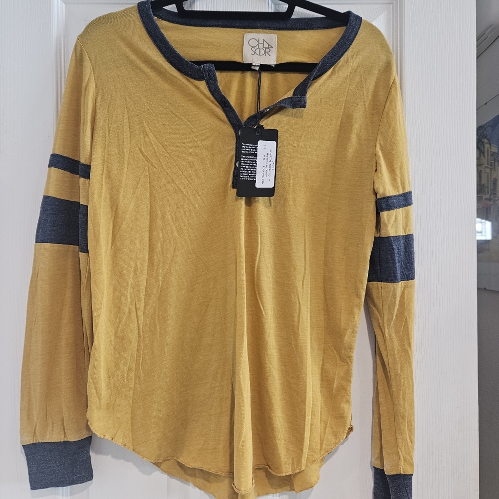 Chaser,NWT, Marigold Long Sleeve Henley, Size Medium